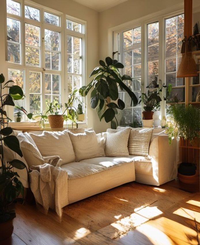A bright, lived-in living room with a couch and warm afternoon light