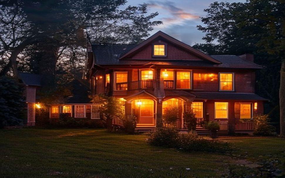 A brick family home at dusk, windows and porch light glowing warm